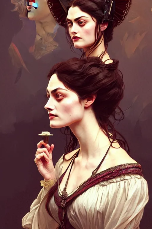 Image similar to Phoebe Tonkin dressed in Victorian fashion, D&D, fantasy, intricate, elegant, highly detailed, digital painting, artstation, concept art, matte, sharp focus, illustration, art by Artgerm and Greg Rutkowski and Alphonse Mucha