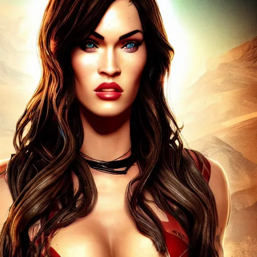 Image similar to megan fox portrait, borderlands, tales from the borderlands cinematic lighting, studio quality, 8 k