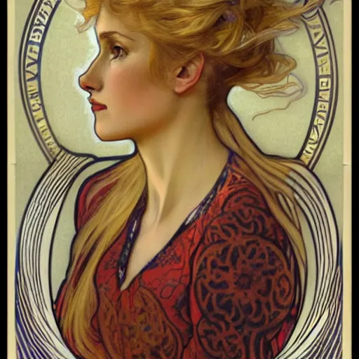 Prompt: blonde danish sports woman portrait by louis - theophile hingre and alphonse mucha, realistic, sharp focus, art nouveau, smart, wisdom, power, swimming