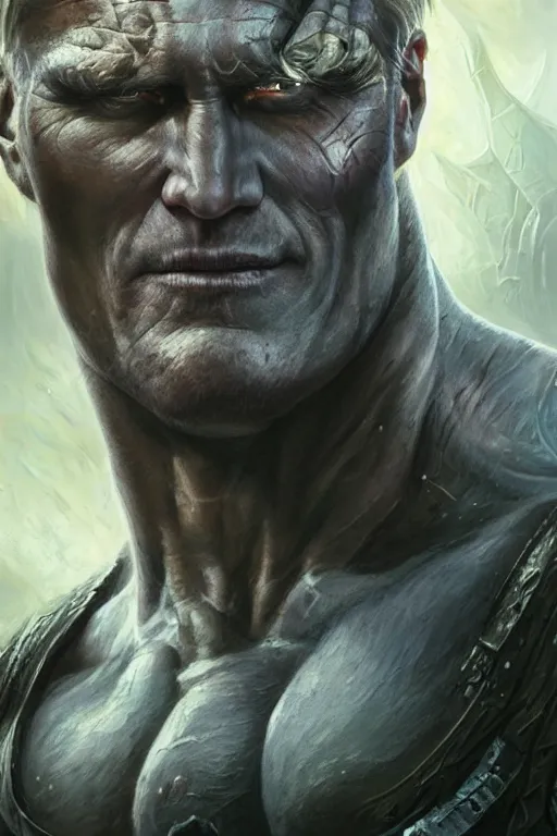 Image similar to closeup portrait shot of dolph lundgren as destruction of the endless, the sandman herculean thanos, conan the barbarian, highly detailed, digital painting, artstation, concept art, soft focus, depth of field, artgerm, tomasz alen kopera, peter mohrbacher, donato giancola, wlop, boris vallejo