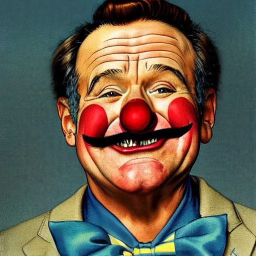 Image similar to Robin Williams as a sad clown painted by Norman Rockwell