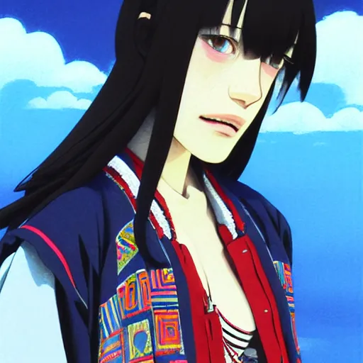 Image similar to a beautiful boyish kat dennings alluring gravure model, wearing oversized mayan bomber jacket and leotard with overalls, bulky poofy aztec native style bomber jacket with mayan patterns, gapmoe yandere grimdark, trending on pixiv fanbox, painted by greg rutkowski makoto shinkai takashi takeuchi studio ghibli, akihiko yoshida