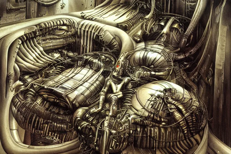 Prompt: the birth of the cyborg sleeping chambre / artificial womb by hr giger. hedonic imperative expressed as a pan - species techno - utopia imagined by jim burns and james gurney. masterpiece scifi artwork, retro, trending on artstation, 8 k