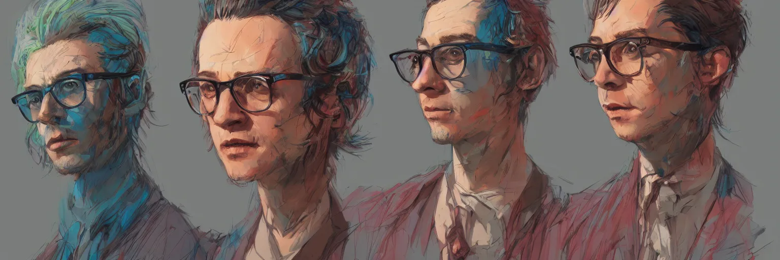 Prompt: colorful character faces, realistic julian lage, clear julian lage face, glasses, geek, character sheet, fine details, concept design, contrast, kim jung gi, greg rutkowski and da vinci, trending on artstation, 8 k, emotional, face turnaround, front view, back view, side view, ultra wide angle