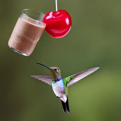 Prompt: photograph, a hummingbird drinking a milkshake from a straw, cherry on top