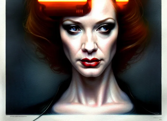 Image similar to portrait shot of christina hendricks in bladerunner wearing a cyberpunk costume, frontal view, intricate, elegant, highly detailed, centered, digital painting, artstation, concept art, smooth, sharp focus, illustration, artgerm, tomasz alen kopera, peter mohrbacher, donato giancola, joseph christian leyendecker, wlop, boris vallejo