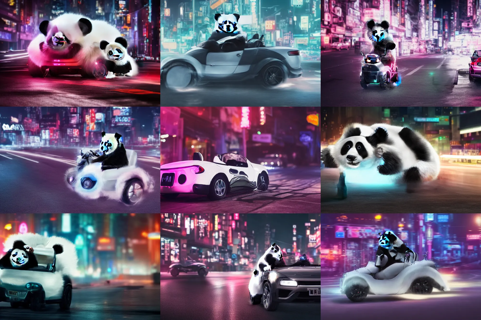 Prompt: a cute panda driving a roadster made of white fur in the street, Cyberpunk, neon light, 4k, hd, highly detailed