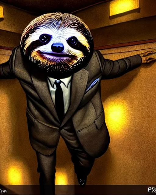 Prompt: hyperrealistic mixed media painting of a sloth wearing a suit and tie, dimly lit dive bar, stunning 3d render inspired art by P. Craig Russell and Barry Windsor-Smith + perfect facial symmetry + dim volumetric lighting, 8k octane beautifully detailed render, post-processing, extremely hyperdetailed, intricate, epic composition, grim yet sparkling atmosphere, cinematic lighting + masterpiece, trending on artstation, very very detailed, masterpiece, stunning