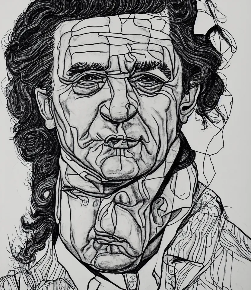 Image similar to detailed line art portrait of johnny cash, inspired by egon schiele. contour lines, musicality, twirls, curls, curves, confident personality