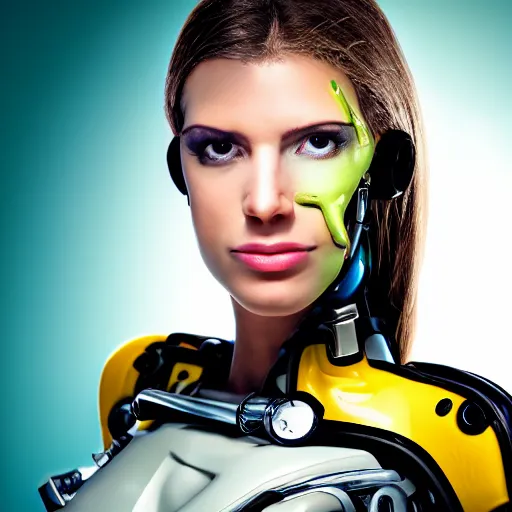 Prompt: portrait photo of a beautiful female cyborg but she is a banana