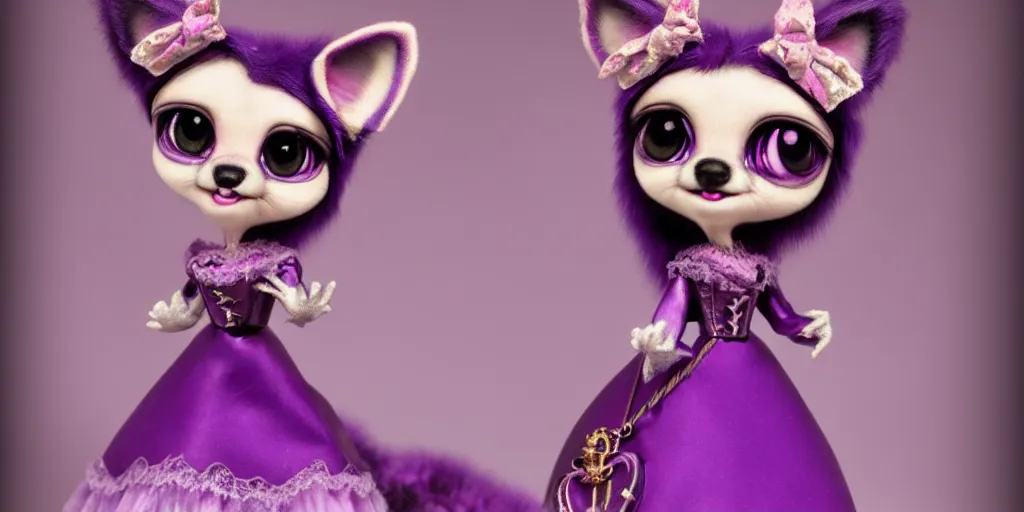 Image similar to 3 d purple littlest pet shop purple raccoon, vintage gothic gown, gumball machine, real fur, smiling, lace, master painter and art style of noel coypel, art of emile eisman - semenowsky, art of edouard bisson