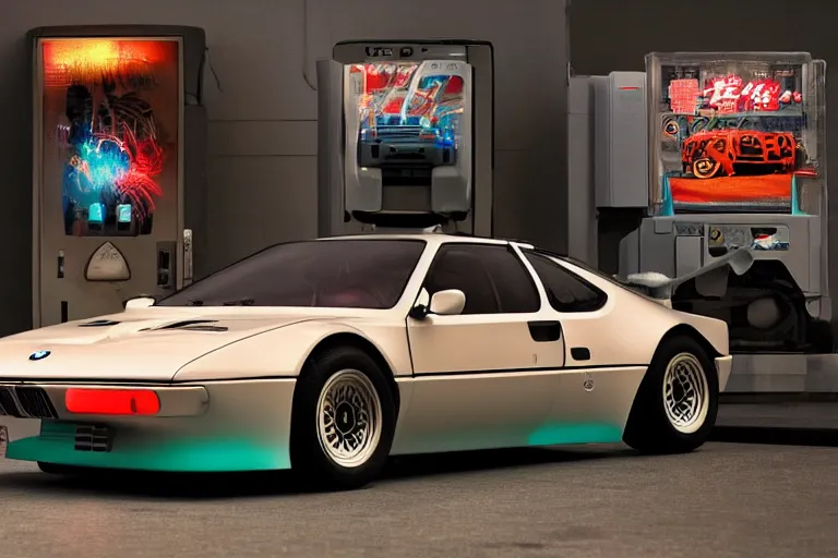 Image similar to BMW M1, neon, ghost in the shell, soft bloom lighting, paper texture, bright sun bleached ground, vending machine, robot lurks in the background, koji morimoto, katsuya terada, genius party, dynamic scene