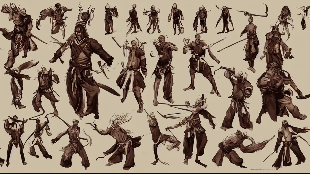 Prompt: a fantasy werelion martial artist character design sheet, trending on artstation