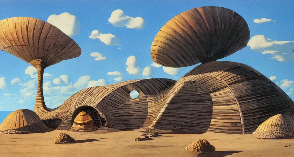 Prompt: a giant seashell house in the middle of nowhere, by syd mead, moebius, j. h. williams iii