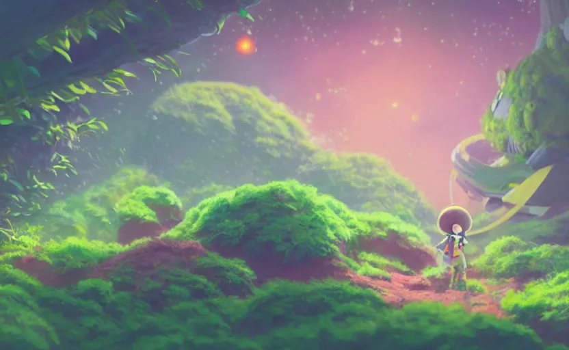 Prompt: a still of a cute adorable tiny astronaut, on a planet of lush colorful foliage surrounded by kaiju monsters, magical forest, sharp focus, neon backlit, highly detailed, disney pixar studio ghibli makoto shinkai, digital painting, matte, octane render, cinematic volumetric lighting, global illumination, iridescent, anime, 8 k concept art