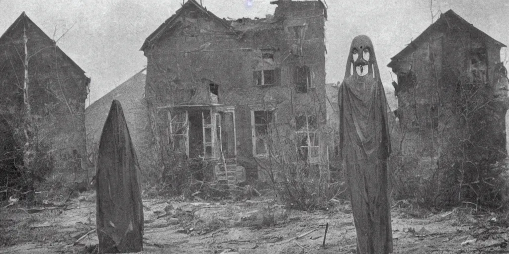 Prompt: scary unproportionable tall ghost creature in the middle of an abandoned village, 1900s picture