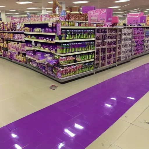 Prompt: photo of a flood of purple slurm, flooded target store aisle