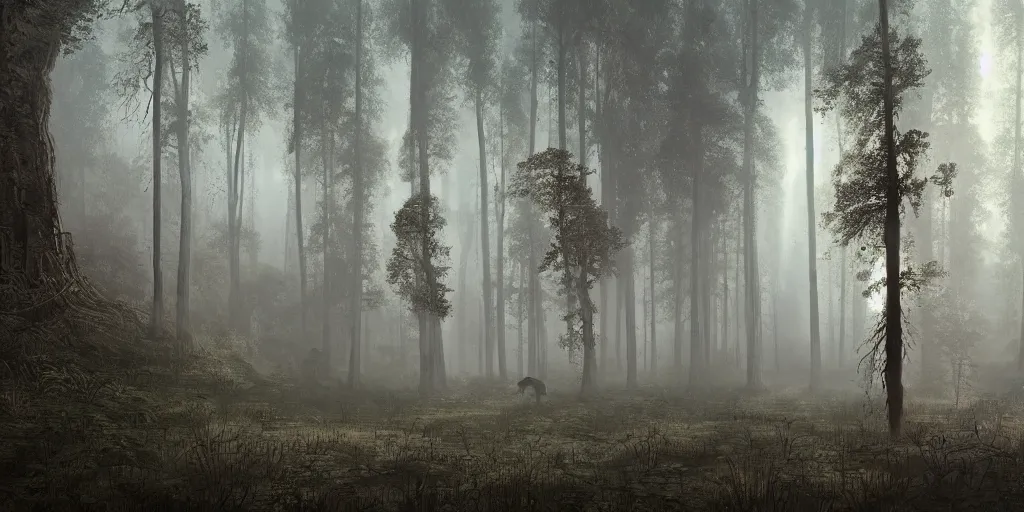 Prompt: highly detailed, intricate stunningly beautiful image of a forest , photorealistic, dusty and smokey, 8k, ethereal,matte painting, stunning atmosphere, morning,beautiful lit by Andrei Riabovitchev and Jacek Szynkarczuk and Zdzisław Beksiński