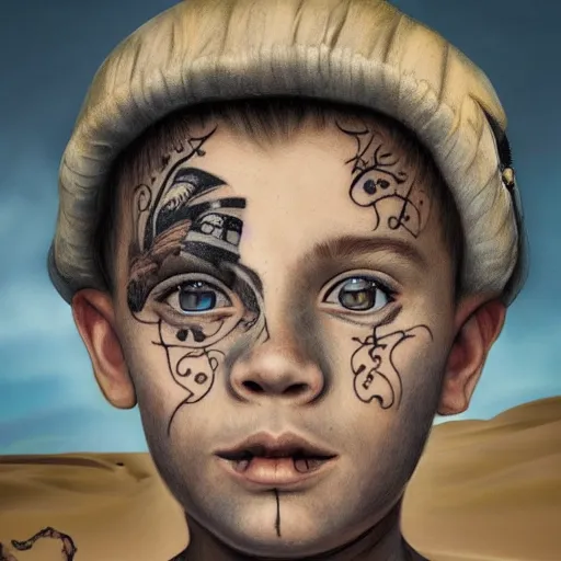 Prompt: a detailed portrait of a boy with a face tattoo in the desert, fantasy art illustration, incredibly highly detailed and realistic, 8 k, sharp focus