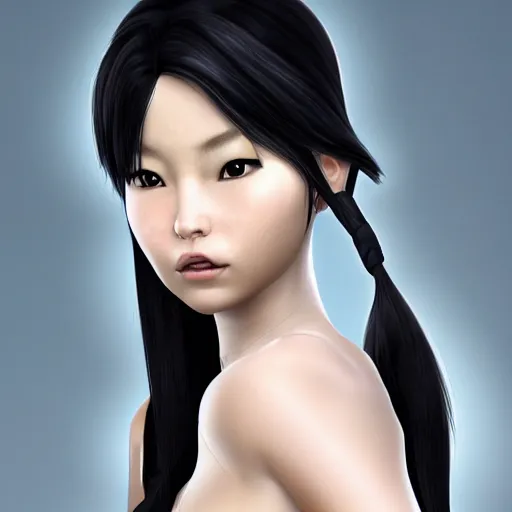 Image similar to Lara Croft as a beautiful korean girl, white hair, 2030 fashion, studio photography, 4k, studio lighting, minimalistic wallpaper background, realistic