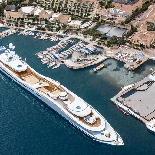 Image similar to gold plated mega yacht with two swimming pools and a helicopter landing pad, drone shot, docked at harbor, clear and focused, elegant, photograph