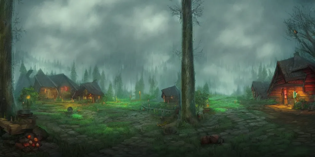 Prompt: village in the woods, ominous mist, high quality masterpiece 2 d platformer background, artstation