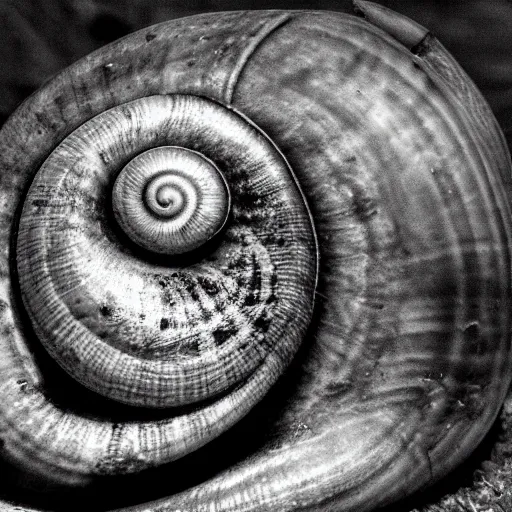 Image similar to snail made of sadness, dark, detailed, rustic, eerie, award winning