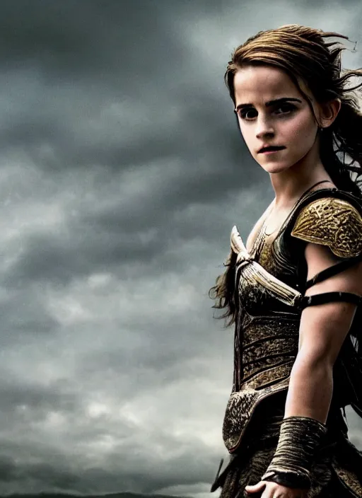 Image similar to hyper realistic photo of warrior princess emma watson, full body, rule of thirds, cinematic,