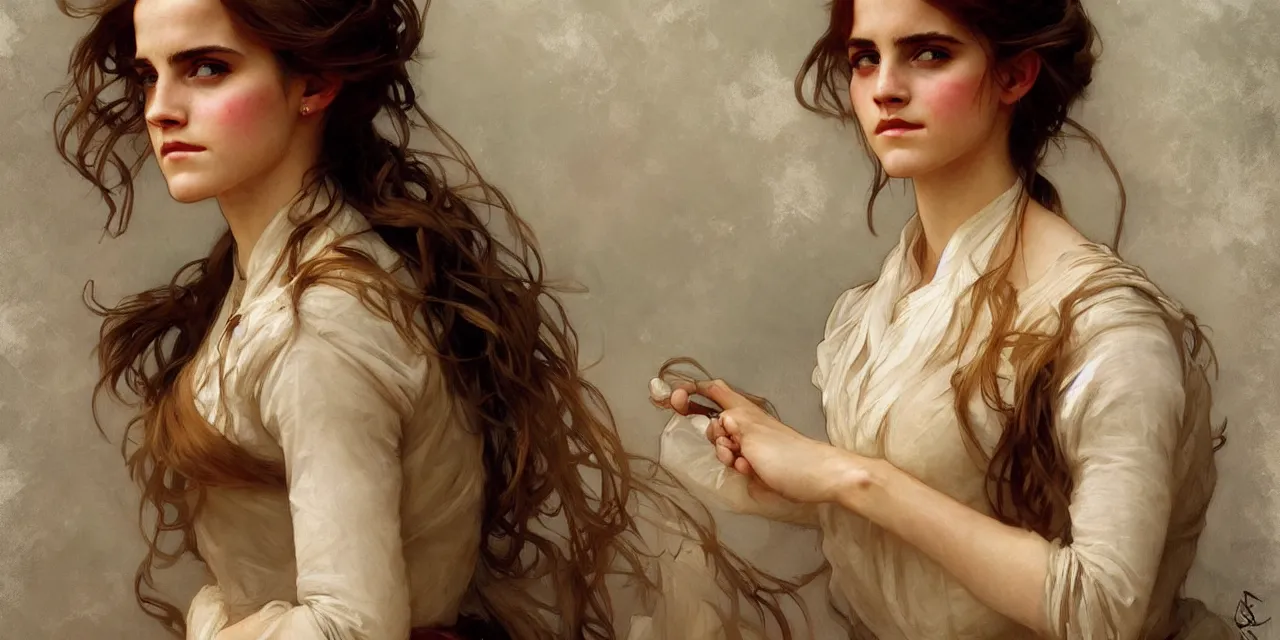 Image similar to emma watson southern belle style artgerm greg rutkowski alphonse mucha william adolphe bouguereau