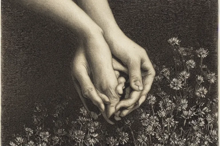 Prompt: close-up flower in hands, soft light, Gustave Dore lithography