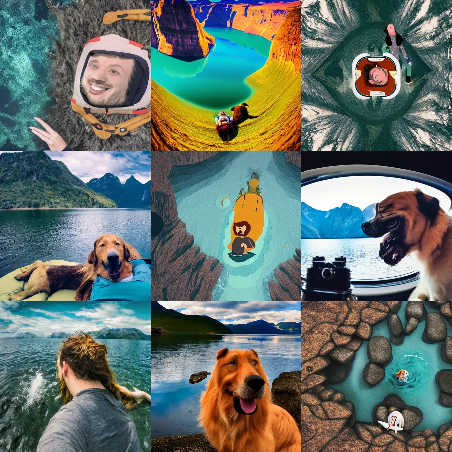 Prompt: jake the dog and fin the human take psychadelics and lie in a fjord aierial view smiling long hair, award winning, 8 k