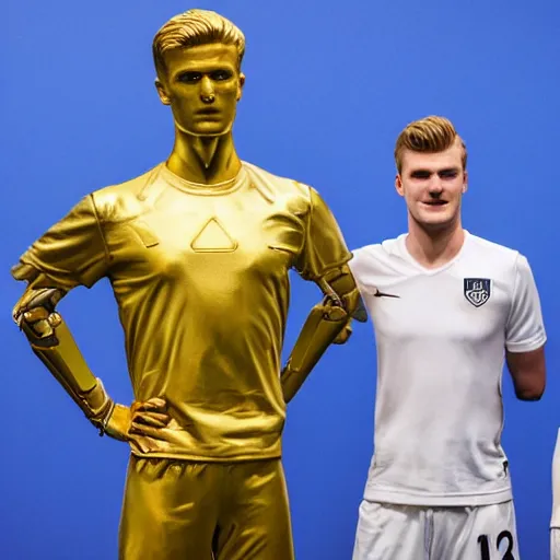 Prompt: a realistic detailed photo of a guy who is an attractive humanoid who is half robot and half humanoid, who is a male android, soccer players martin ødegaard & timo werner, shiny skin, posing like a statue, blank stare, in a museum, on display, showing off his muscles, gold soccer shorts, no jersey, ground view, ceramic statue