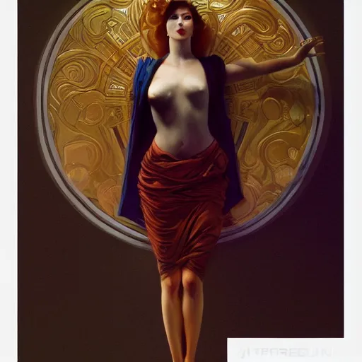 Image similar to modern woman | hyperrealistic | action pose | digital painting | trending on artstation | pinup portrait | clean | illustration | dressed | Unreal Engine 5 | 8k resolution | by Greg Rutkowski Alphonse Mucha Gustav Klimt and Mel Ramos