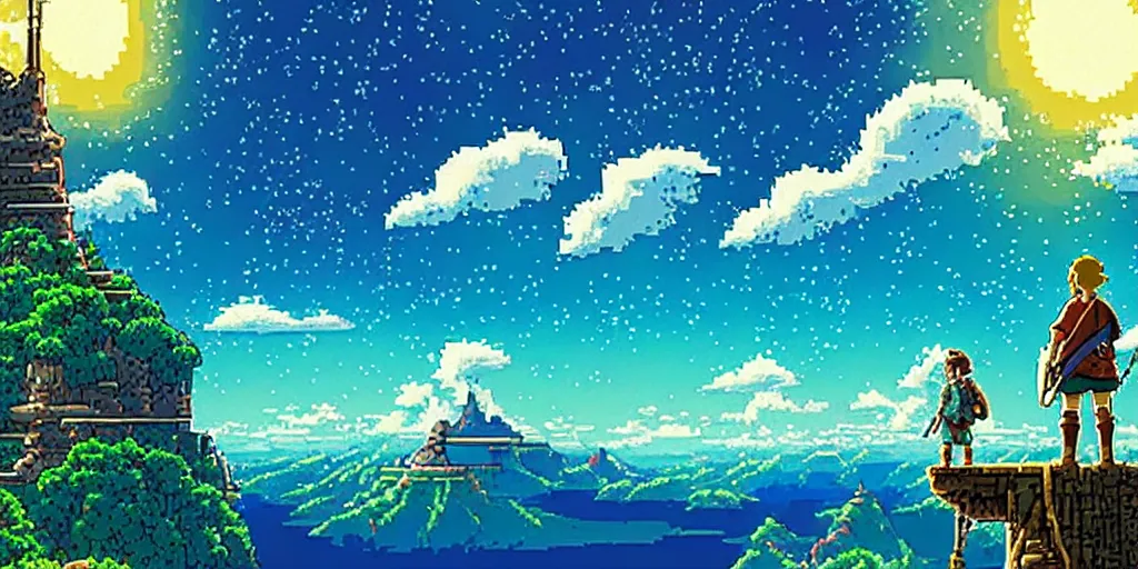 Image similar to hd pixel art beautiful scenery with people botw-studio-ghibli-interstellar-dinotopia #art #distinct #cinematic-composition