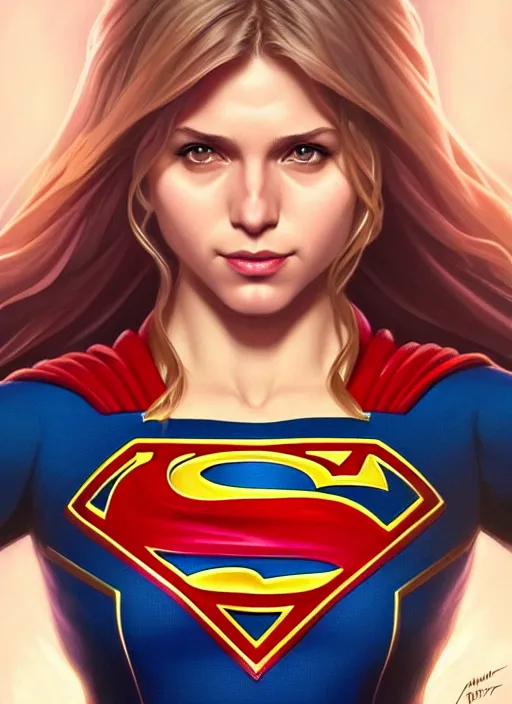 Image similar to symmetry portrait of supergirl, intricate, elegant, highly detailed, digital painting, artstation, concept art, smooth, sharp focus, illustration, art by artgerm and greg rutkowski and alphonse mucha, 8 k