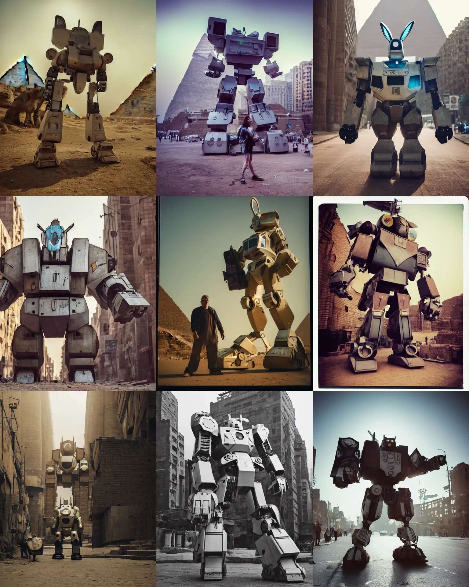 Prompt: action pose !!! giant oversized battle rabbit oversized ears robot chubby cute bulky mech in giza , Cinematic focus, Polaroid photo, vintage, neutral colors, soft lights, foggy, by gregory crewdson