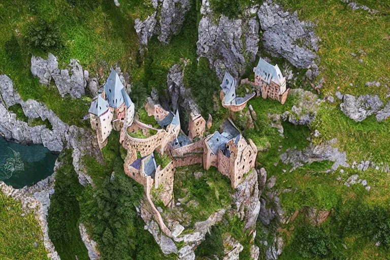 Image similar to an enchanting castle on a cliff by gediminas pranckevicius, aerial view