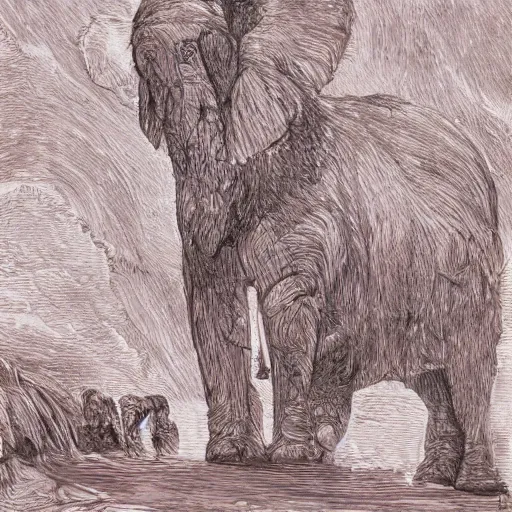 Image similar to Portrait of an elephant on a green meadow, style Franklin Booth