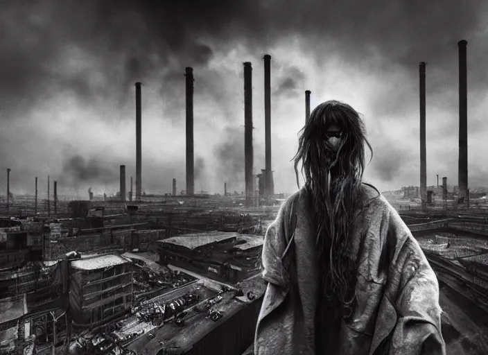 Image similar to mysterious sad rotten girl wrapped in smoke observing a big industrial city metropoli in the distance, cloudy sky, highly detailed, detailed face, intricate complexity, epic composition, magical atmosphere, cinematic lighting, masterpiece, color picture, ultra hd