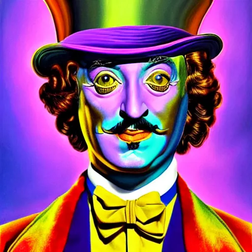 Image similar to an extremely psychedelic portrait of salvador dali as willy wonka, surreal, lsd, face, detailed, intricate, elegant, lithe, highly detailed, digital painting, artstation, concept art, smooth, sharp focus, illustration,