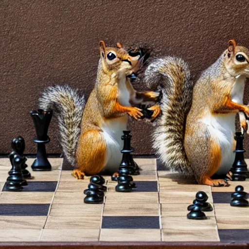 Prompt: squirrels playing chess on a stone table, a crowd watching on