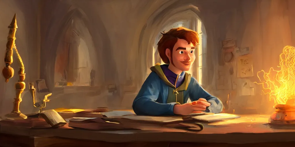 Prompt: a young caucasian male mage they are in a alchemy workshop working at there desk. consistent face, colorful, light rays, medium shot, waist up, sharp focus, bloom, dramatic lighting, very detailed, by pixar, dreamworks and marvel