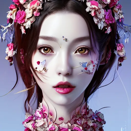 Prompt: the portrait of the absurdly beautiful, graceful, elegant, gorgeous, fashionable photorealistic anime fair woman made of cherries and white petals with tears, an ultrafine hyperdetailed illustration by kim jung gi, irakli nadar, intricate linework, bright colors, octopath traveler, final fantasy, unreal engine highly rendered, global illumination, radiant light, intricate environment