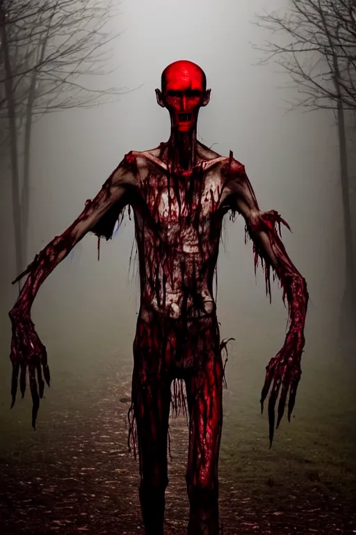 Image similar to tall slender humanoid walking in the mist, red eyes, bloody face, creepy, horror, fantasy, bloodcurdling