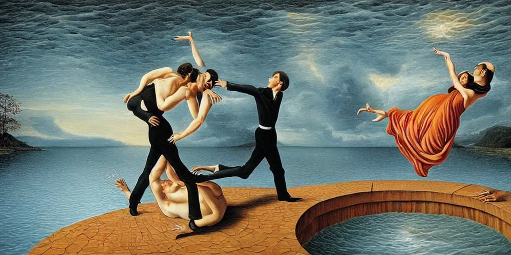 Image similar to optical illusion painting of a couple dancing in a worm hole, illusionism, mind blow, by leandro erlich and salvador dali, detailed