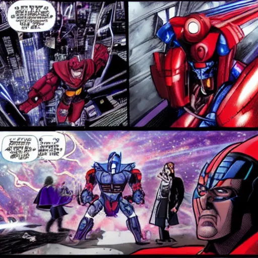 Prompt: magneto fighting optimus prime in a city