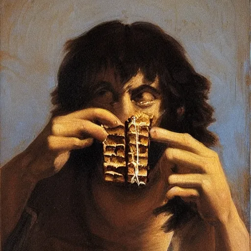 Image similar to saturn devouring a snickers chocolate bar, goya painting, in the style of goya and greg rutkowski, in the style of black paintings, 8 k, highly realistic