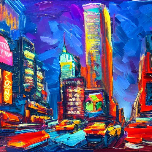Prompt: impasto painting of new york city, street view, night, glow of neon lights.