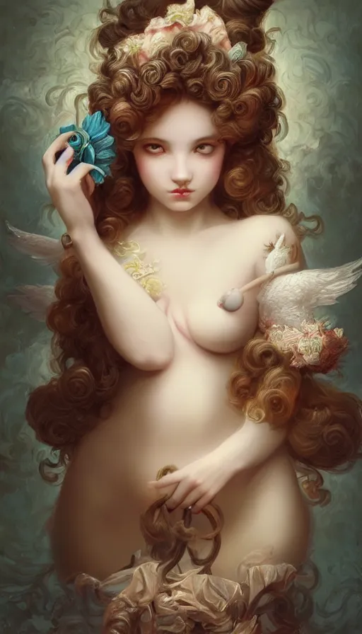 Image similar to pop surrealism, rococo, baroque hair, angelic young female seductive - fine - face, pretty face, key visual, realistic shaded perfect face, fine details by stanley artgerm lau, wlop, mark ryden, andrei riabovitchev, marc simonetti, and sakimichan, trending on artstation