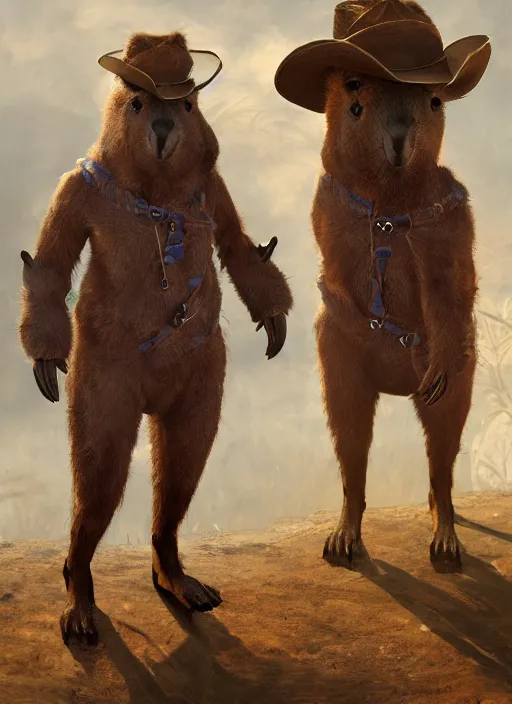 Image similar to detailed full body concept art illustration oil painting of an anthropomorphic capybara cowboy in full intricate clothing, biomutant, ultra detailed, digital art, octane render